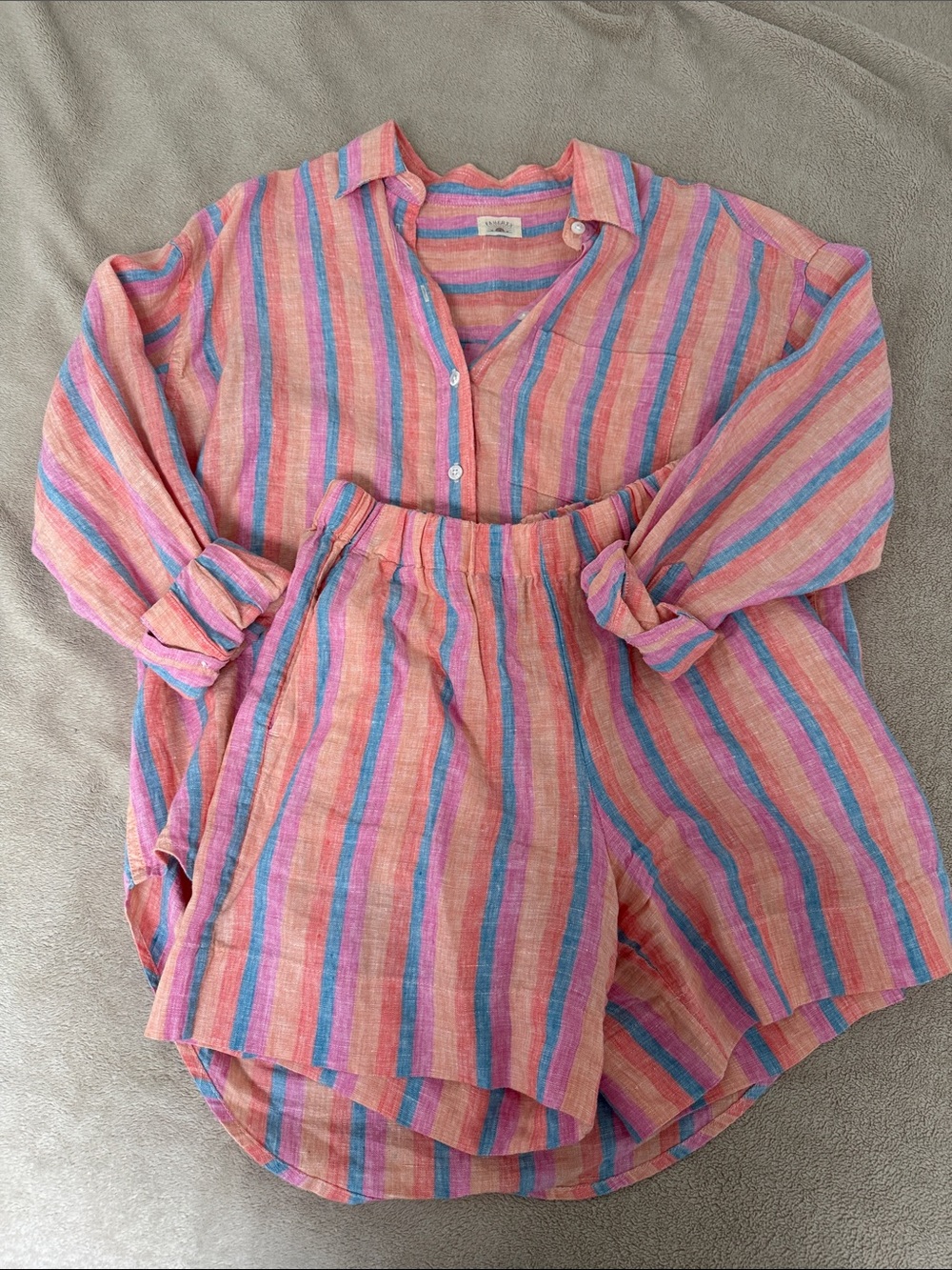 Faherty Laguna Multicolor Striped Linen Button-Down Top and Shorts Set S & XS